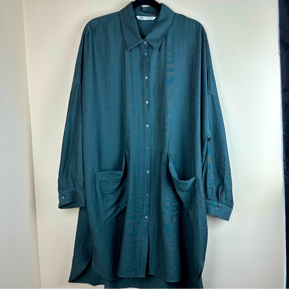 Zara Forest Green Slouch Pouch Drop Shoulder Shirt Dress XL